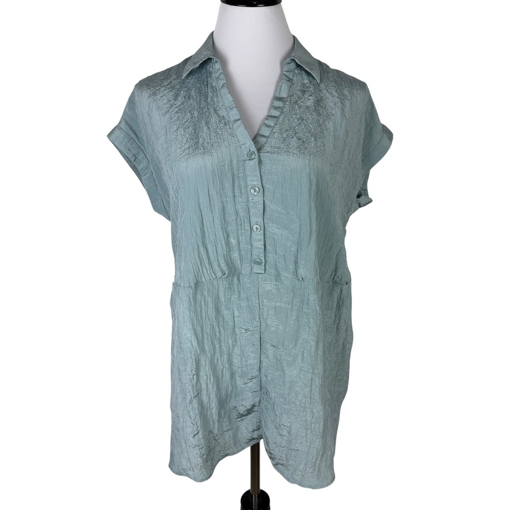 Calligraphie Sage Green Crinkle Texture Short Sleeve Tunic Top Medium SP22M-5369